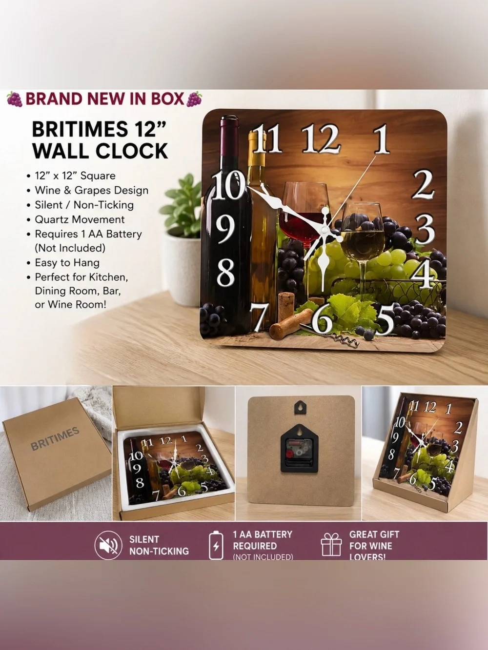 (New) Wine & Grapes Wall Clock - Brown Wood-Tone Home Decor / Mediterranean